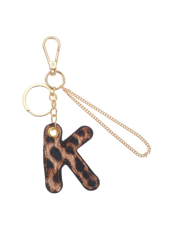 Initial Letter Keychain (Letter K) - Leopard Alphabet Key Chain PU Leather Initial Keyring for Men Women Handbag Backpack Decor Party Gift, Gold