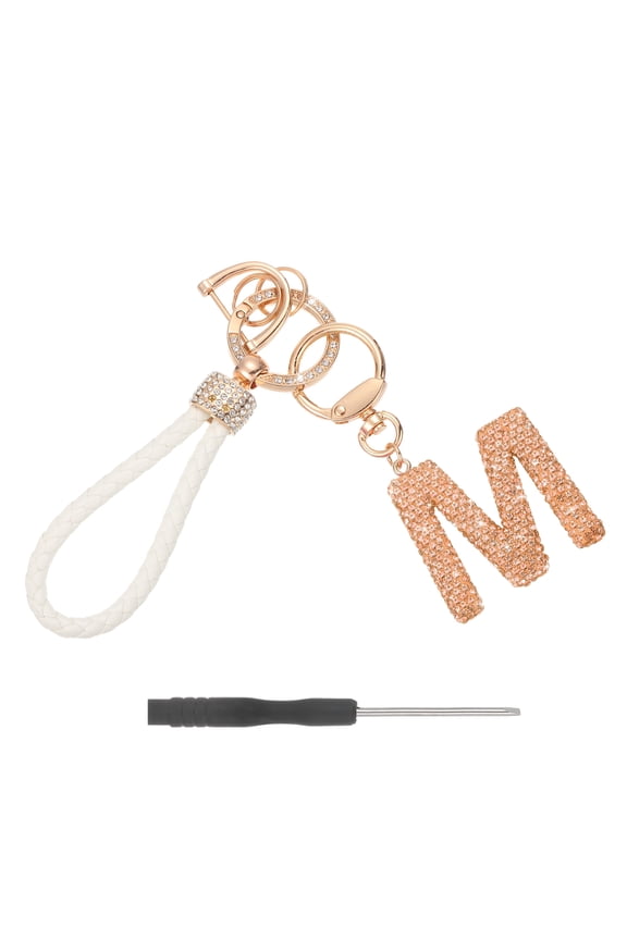 Initial Letter Keychain (Letter M) - Initial Wristlet Key Chain PU Leather Keyring Wrist Lanyard Key Rings for Men Women Handbag Backpack Decor Party Gift, Champagne