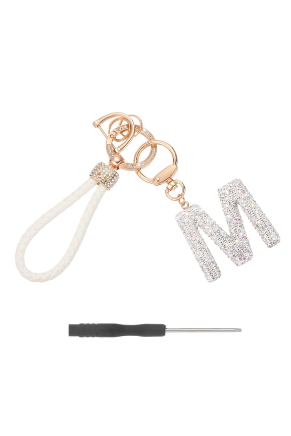 Initial Letter Keychain (Letter M) - Initial Wristlet Key Chain PU Leather Keyring Wrist Lanyard Key Rings for Men Women Handbag Backpack Decor Party Gift, White