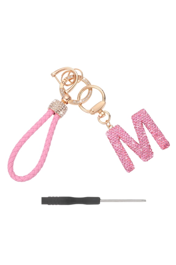 Initial Letter Keychain (Letter M) - Initial Wristlet Key Chain PU Leather Keyring Wrist Lanyard Key Rings for Men Women Handbag Backpack Decor Party Gift, Pink