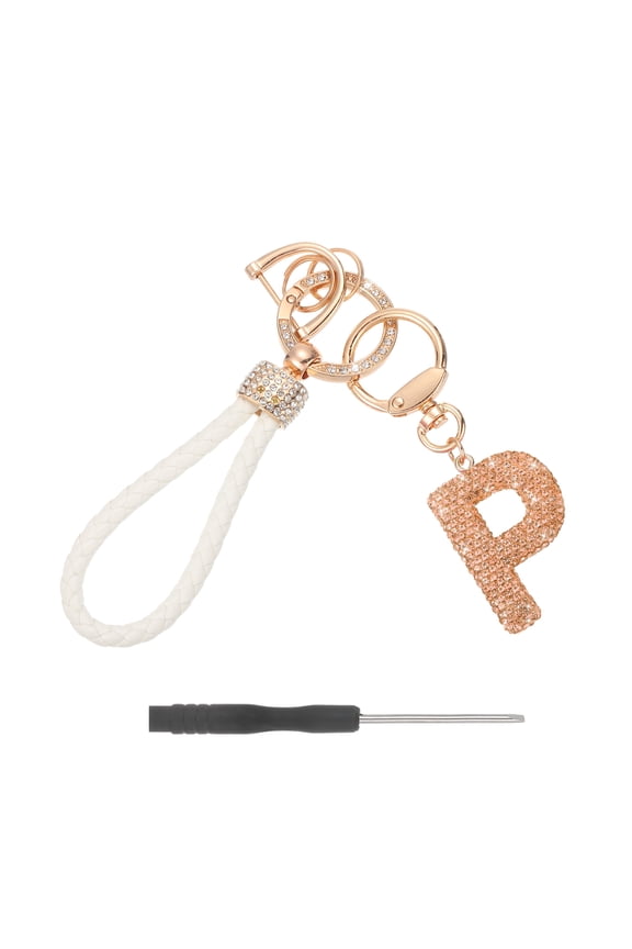 Initial Letter Keychain (Letter P) - Initial Wristlet Key Chain PU Leather Keyring Wrist Lanyard Key Rings for Men Women Handbag Backpack Decor Party Gift, Champagne