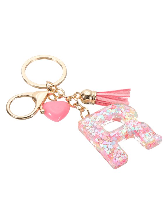 Initial Letter Keychain, Letter R Heart Design Charm with Tassels Decorative Alphabet Pendants for Bag Backpack DIY Craft, Pink
