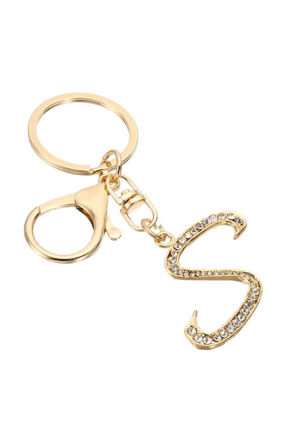 Initial Letter Keychain, Letter S Charm with Crystal Diamonds for Bag Backpack DIY Craft, Gold Tone