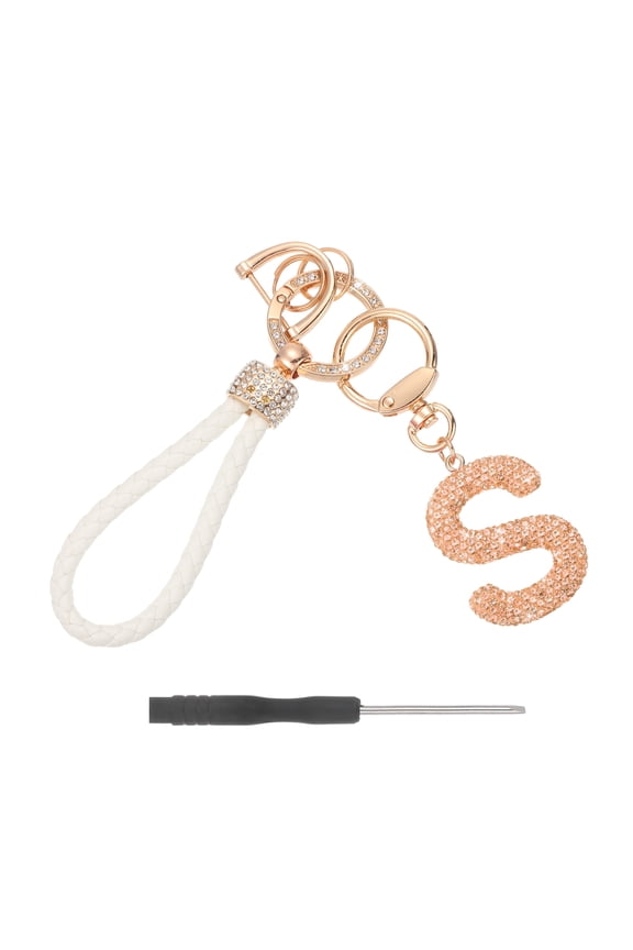Initial Letter Keychain (Letter S) - Initial Wristlet Key Chain PU Leather Keyring Wrist Lanyard Key Rings for Men Women Handbag Backpack Decor Party Gift, Champagne
