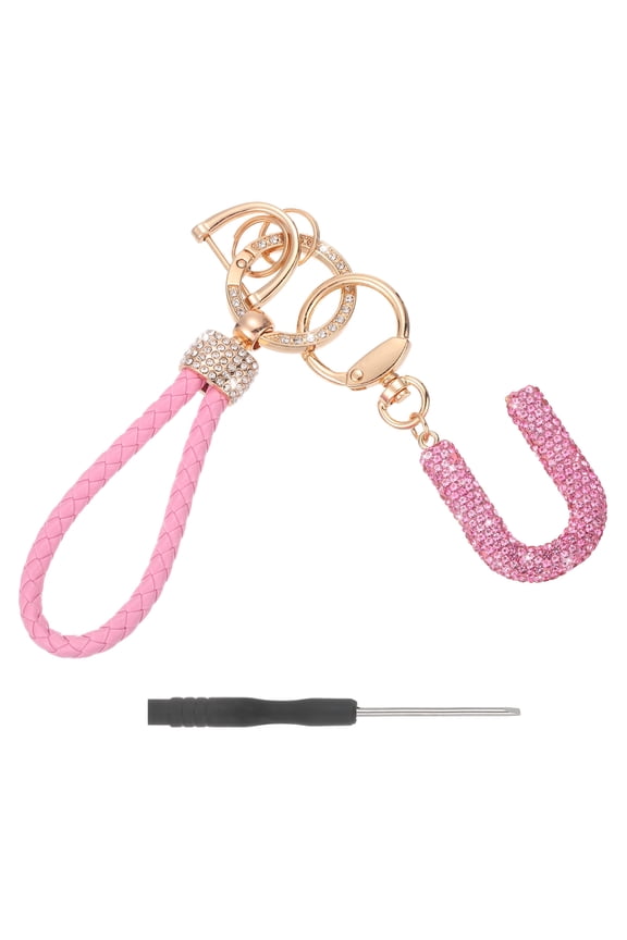 Initial Letter Keychain (Letter U) - Initial Wristlet Key Chain PU Leather Keyring Wrist Lanyard Key Rings for Men Women Handbag Backpack Decor Party Gift, Pink