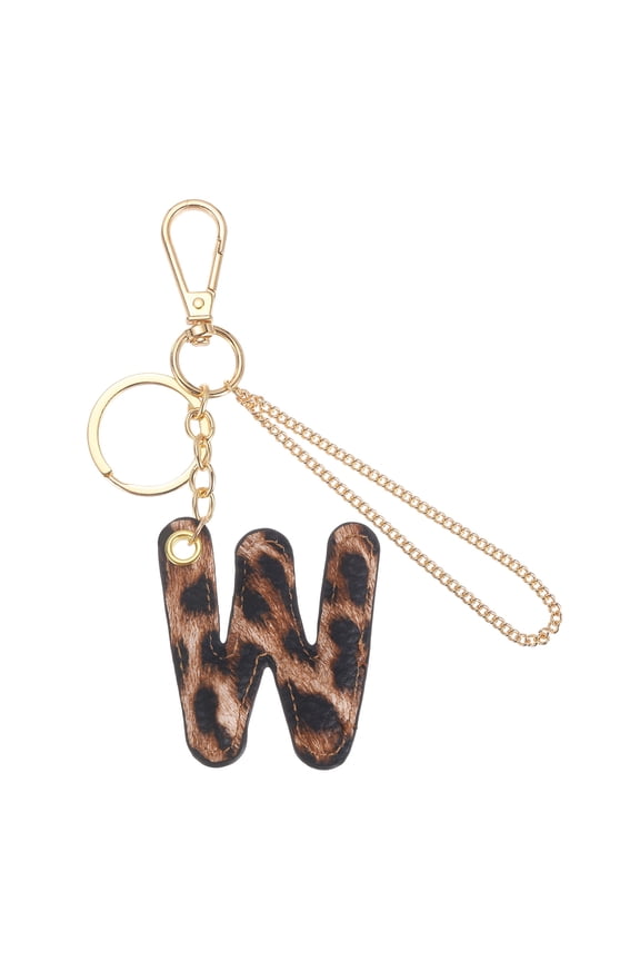 Initial Letter Keychain (Letter W) - Leopard Alphabet Key Chain PU Leather Initial Keyring for Men Women Handbag Backpack Decor Party Gift, Gold