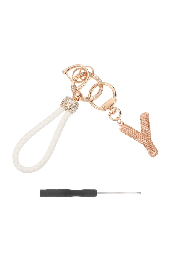 Initial Letter Keychain (Letter Y) - Initial Wristlet Key Chain PU Leather Keyring Wrist Lanyard Key Rings for Men Women Handbag Backpack Decor Party Gift, Champagne