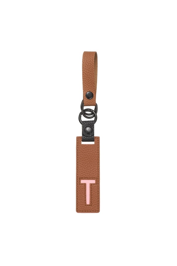 Initial Letter Keychain - PU Leather Two-tone Splicing Alphabet Women Key Chain for Bag Backpack Handbag Purse Car Keys, Brown (Letter-T)