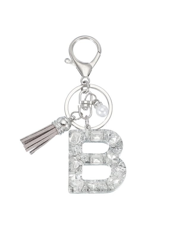 Initial Letter Keychain with Tassel and Pearl, Bling Alphabet Letter B Keyring Rhinestone Keychains with Key Ring for Key Purse Bags Handbags Car Key Cup, Silver