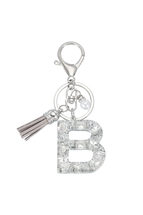 Initial Letter Keychain with Tassel and Pearl, Bling Alphabet Letter B Keyring Rhinestone Keychains with Key Ring for Key Purse Bags Handbags Car Key Cup, Silver
