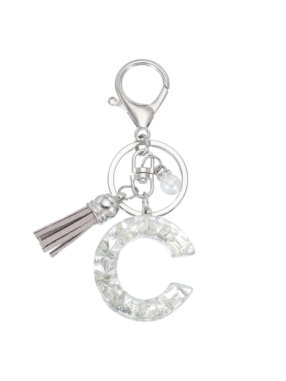 Initial Letter Keychain with Tassel and Pearl, Bling Alphabet Letter C Keyring Rhinestone Keychains with Key Ring for Key Purse Bags Handbags Car Key Cup, Silver