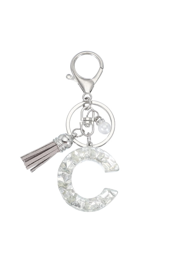 Initial Letter Keychain with Tassel and Pearl, Bling Alphabet Letter C Keyring Rhinestone Keychains with Key Ring for Key Purse Bags Handbags Car Key Cup, Silver