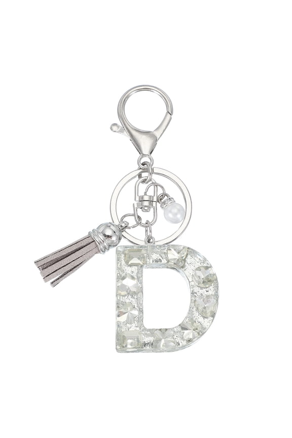 Initial Letter Keychain with Tassel and Pearl, Bling Alphabet Letter D Keyring Rhinestone Keychains with Key Ring for Key Purse Bags Handbags Car Key Cup, Silver