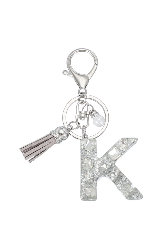 Initial Letter Keychain with Tassel and Pearl, Bling Alphabet Letter K Keyring Rhinestone Keychains with Key Ring for Key Purse Bags Handbags Car Key Cup, Silver