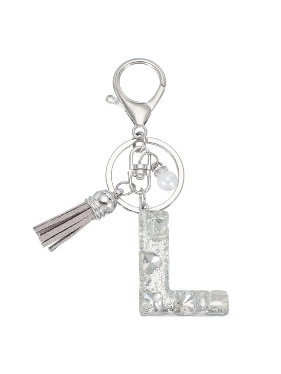 Initial Letter Keychain with Tassel and Pearl, Bling Alphabet Letter L Keyring Rhinestone Keychains with Key Ring for Key Purse Bags Handbags Car Key Cup, Silver