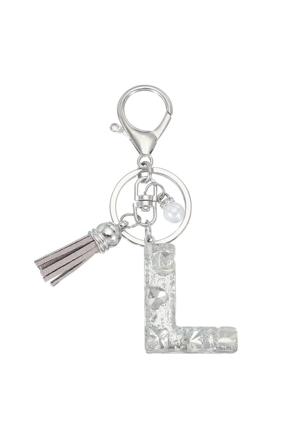 Initial Letter Keychain with Tassel and Pearl, Bling Alphabet Letter L Keyring Rhinestone Keychains with Key Ring for Key Purse Bags Handbags Car Key Cup, Silver
