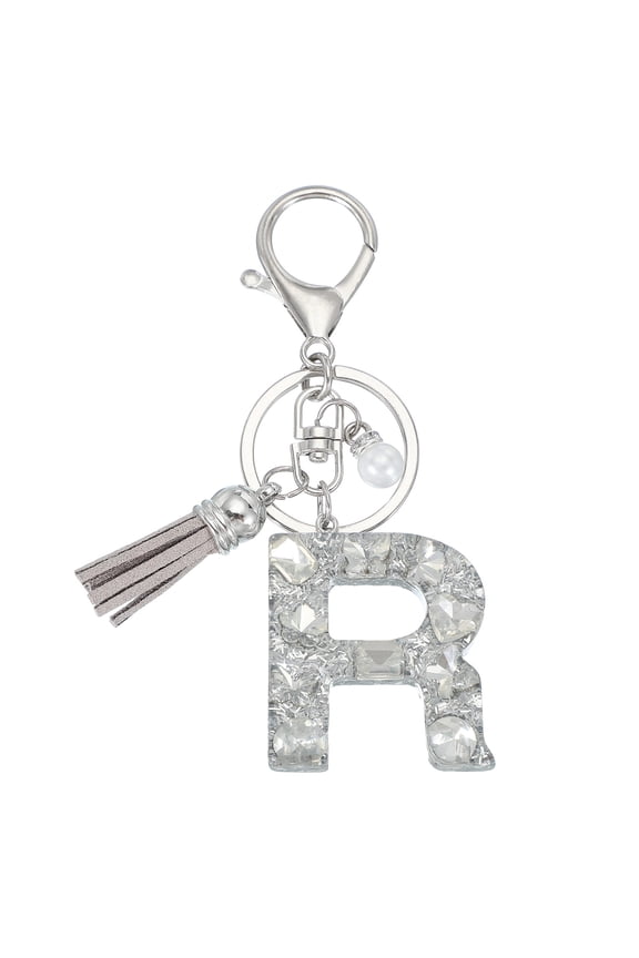 Initial Letter Keychain with Tassel and Pearl, Bling Alphabet Letter R Keyring Rhinestone Keychains with Key Ring for Key Purse Bags Handbags Car Key Cup, Silver