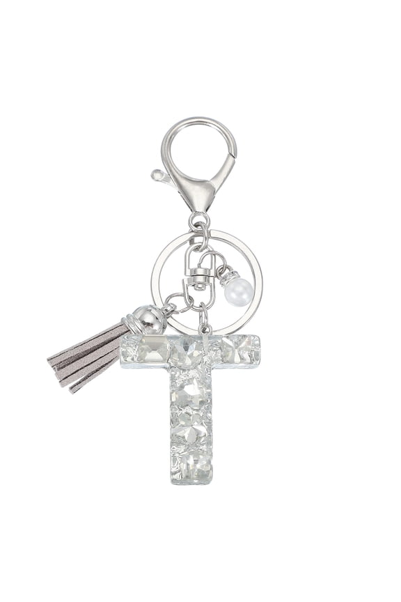 Initial Letter Keychain with Tassel and Pearl, Bling Alphabet Letter T Keyring Rhinestone Keychains with Key Ring for Key Purse Bags Handbags Car Key Cup, Silver
