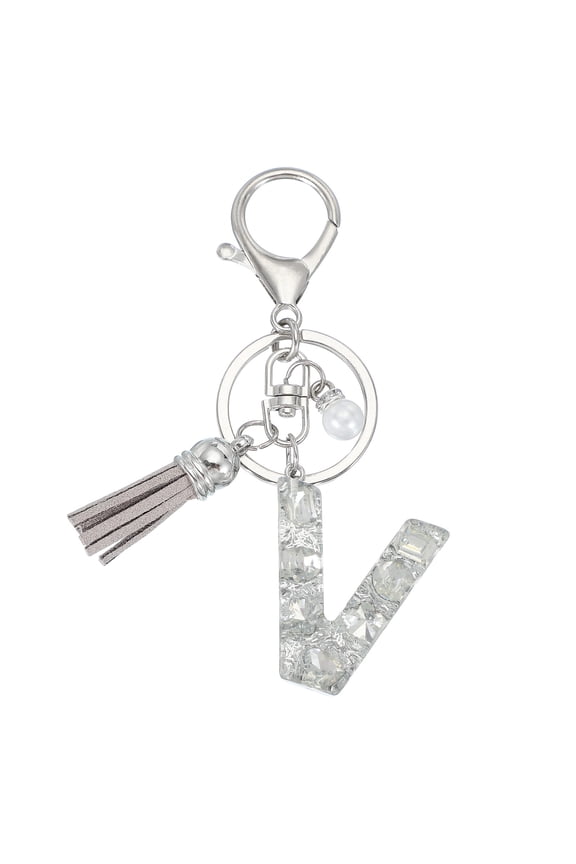 Initial Letter Keychain with Tassel and Pearl, Bling Alphabet Letter V Keyring Rhinestone Keychains with Key Ring for Key Purse Bags Handbags Car Key Cup, Silver