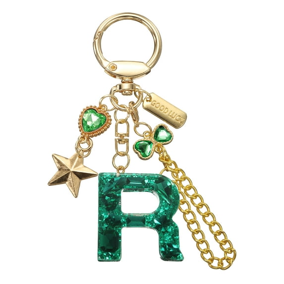 Uxcell Initial Letter Keychain for Women, Cute Letter Keychains Bling Heart Butterfly Star Charm Green Letter R