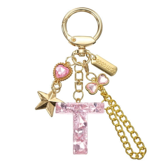 Uxcell Initial Letter Keychain for Women, Cute Letter Keychains Bling Heart Butterfly Star Charm Pink Letter T