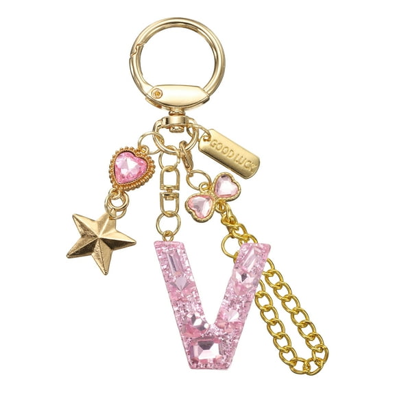 Uxcell Initial Letter Keychain for Women, Cute Letter Keychains Bling Heart Butterfly Star Charm Pink Letter V