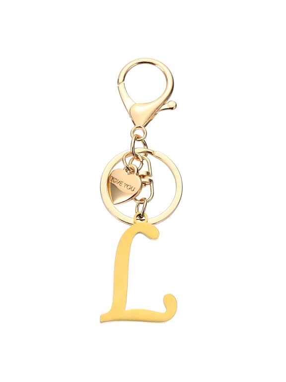 Initial Letter L Keychain, Stainless Steel Heart Alphabet Key Ring, Gold