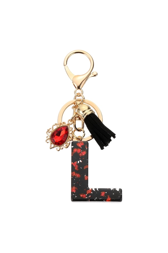 Initial Letter L Keychains, Resin Alphabet Key Ring with Tassel, Black/Red