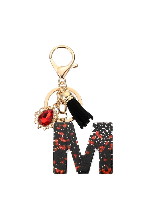 Initial Letter M Keychains, Resin Alphabet Key Ring with Tassel, Black/Red