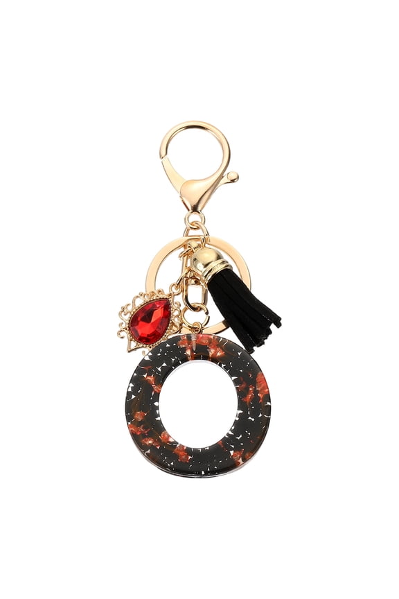 Initial Letter O Keychains, Resin Alphabet Key Ring with Tassel, Black/Red