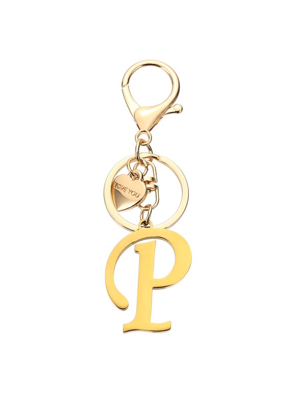 Initial Letter P Keychain, Stainless Steel Heart Alphabet Key Ring, Gold