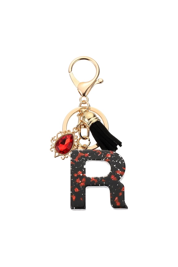 Initial Letter R Keychains, Resin Alphabet Key Ring with Tassel, Black/Red