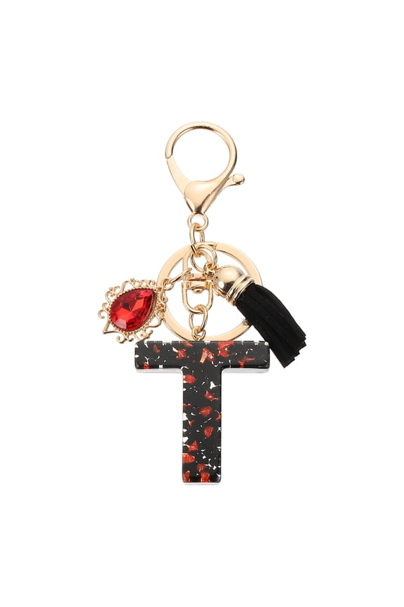Initial Letter T Keychains, Resin Alphabet Key Ring with Tassel, Black/Red