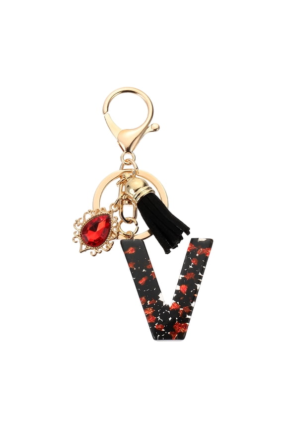 Initial Letter V Keychains, Resin Alphabet Key Ring with Tassel, Black/Red
