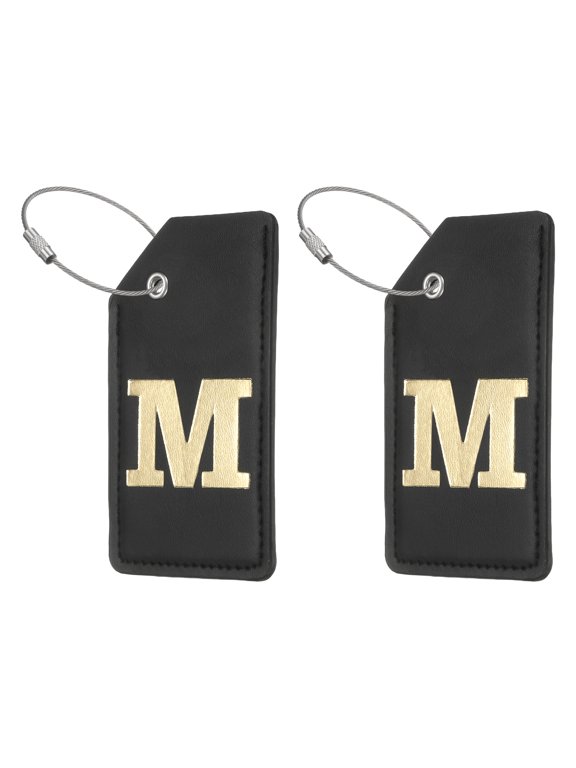 Initial Luggage Tag, 2 Pcs PU Leather Letter Suitcase Tags with Steel Loop for Travel Bag Luggage Baggage Identification Labels Name ID Card, Black-Gold (Letter M)