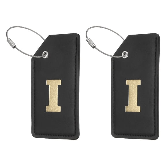 Uxcell Initial Luggage Tag, 2 Pcs PU Leather Letter Suitcase Tags with Steel Loop for Travel Bag Luggage Baggage Identification Labels Name ID Card, Black-Gold (Letter I)