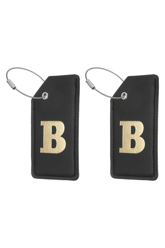 Initial Luggage Tag, 2 Pcs PU Leather Letter Suitcase Tags with Steel Loop for Travel Bag Luggage Baggage Identification Labels Name ID Card, Black-Gold (Letter B)