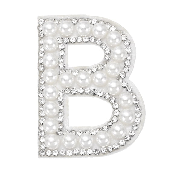 Uxcell Iron on Pearl Letter B Patches, Pearl Rhinestone A-Z Alphabet Self Adhesive Sew on Patches, Glitter Letter Applique for Clothes Fabric DIY Backpack, White