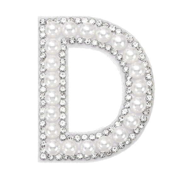 Uxcell Iron on Pearl Letter D Patches, Pearl Rhinestone A-Z Alphabet Self Adhesive Sew on Patches, Glitter Letter Applique for Clothes Fabric DIY Backpack, White