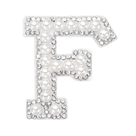 Uxcell Iron on Pearl Letter F Patches, Pearl Rhinestone A-Z Alphabet Self Adhesive Sew on Patches, Glitter Letter Applique for Clothes Fabric DIY Backpack, White