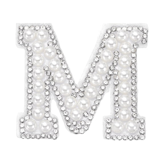 Uxcell Iron on Pearl Letter M Patches, Pearl Rhinestone A-Z Alphabet Self Adhesive Sew on Patches, Glitter Letter Applique for Clothes Fabric DIY Backpack, White