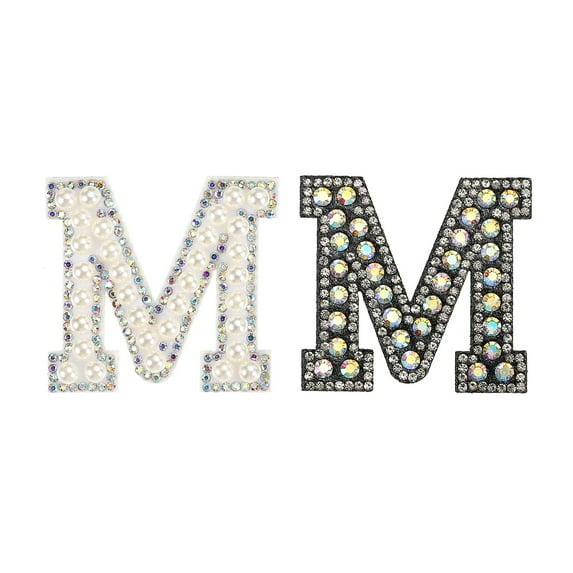 Uxcell Iron on Decorative Letter M Black White Patch Glitter Alphabet Applique Rhinestone Pearl English Letter 2 Pack