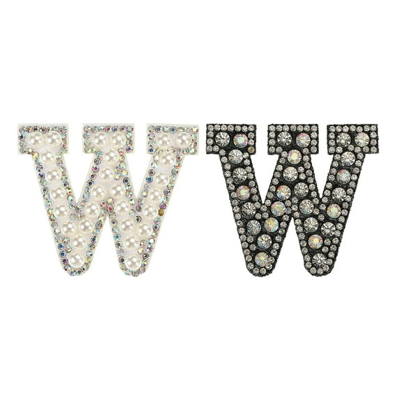 Uxcell Iron on Decorative Letter W Black White Patch Glitter Alphabet Applique Rhinestone Pearl English Letter 2 Pack