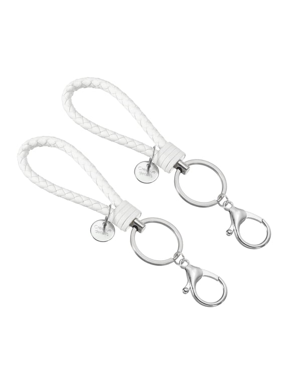 Keychain Bracelet, 2 Pack Woven Leather Wristlet Keychain for Women and Men Handmade Keyring Holder, White