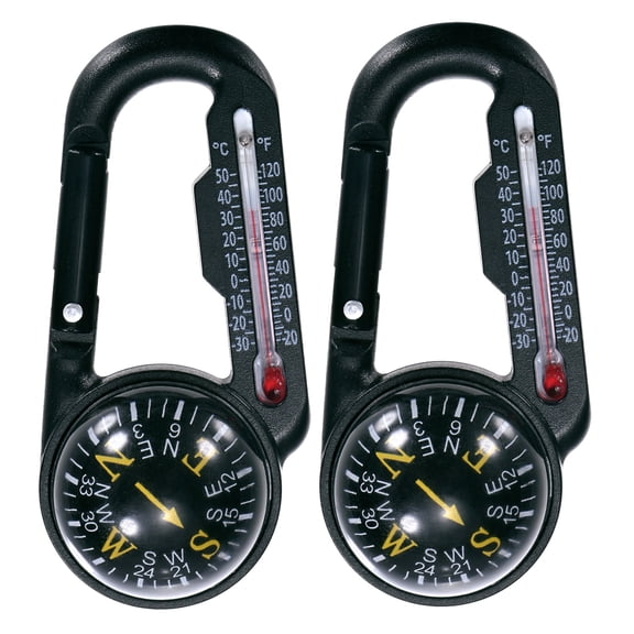 Uxcell Keychain Compass [2PCS] - Small Pocket Magnetic Ball Compass and Thermometer Buckle - [Black, Yellow]