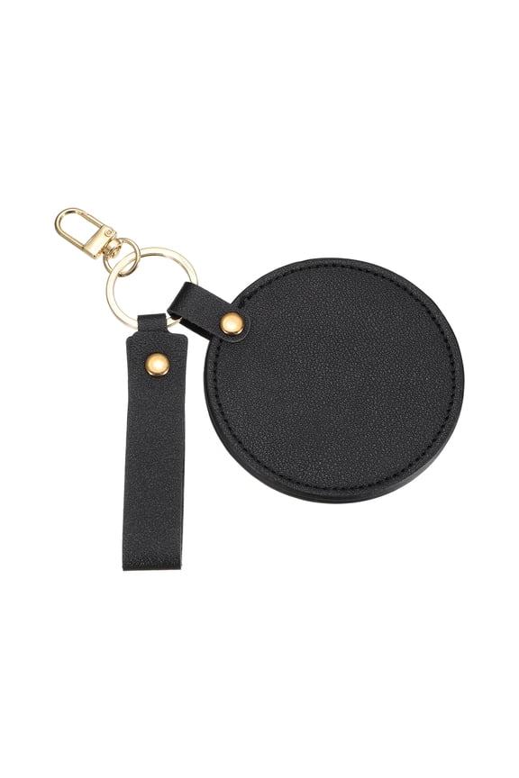 Keychain Mirror, Mini Compact Mirror with PU Leather Cover Pocket Size Round with Hook Portable Rotating Folding Keyring for Women Makeup Bag Purse Travel, Black