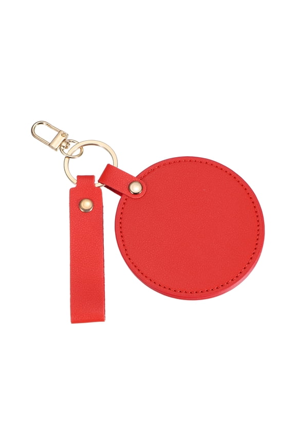 Keychain Mirror, Mini Compact Mirror with PU Leather Cover Pocket Size Round with Hook Portable Rotating Folding Keyring for Women Makeup Bag Purse Travel, Red