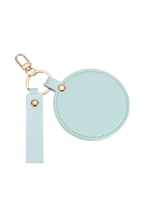 Keychain Mirror, Mini Compact Mirror with PU Leather Cover Pocket Size Round with Hook Portable Rotating Folding Keyring for Women Makeup Bag Purse Travel, Sky Blue