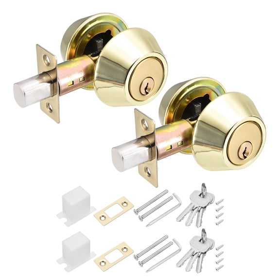 Uxcell Keyed Alike Double Cylinder Deadbolts, (2Set, Gold), Both Sides Door Lock Sets Exterior Front Door Knobs with Deadbolt, Suit for - Bedroom/Bathroom