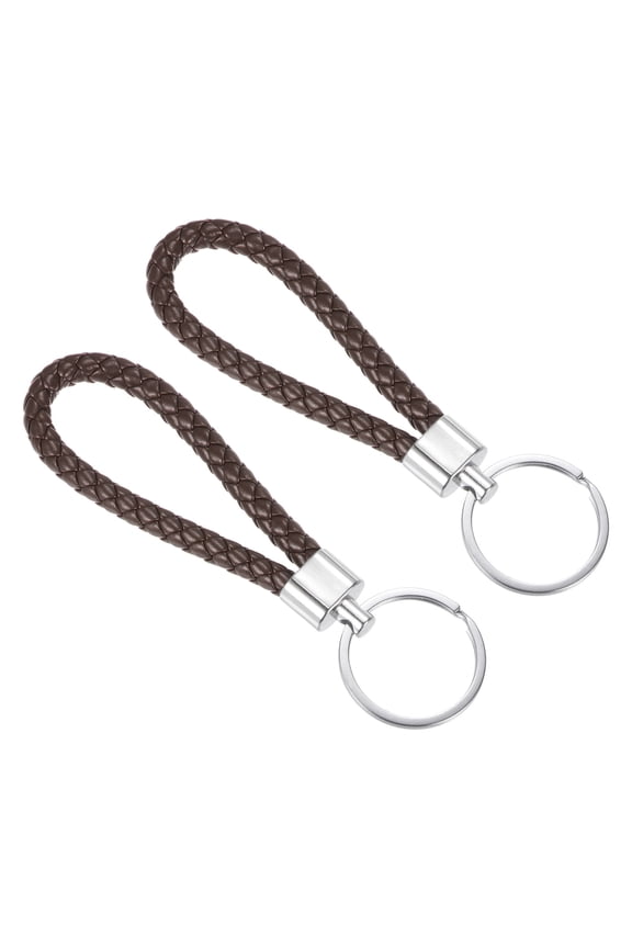 Keyring Woven Lanyard Straps Braided Leather Keychain, Dark Brown 2 Pack